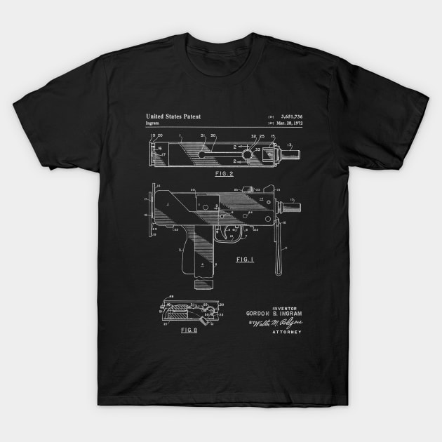 Mac 10 Uzi Patent - Gun Lover Gunsmith Workshop Art - Black Chalkboard T-Shirt by patentpress